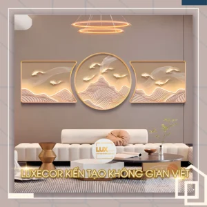 Bộ trang tráng gương treo tường phong thủy với hình núi và đàn chim hạc bay sang trọng cho phòng khách