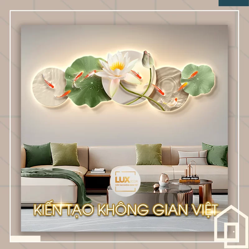 Tranh tráng gương đèn led mẫu cửu ngư quần tụ hoa sen