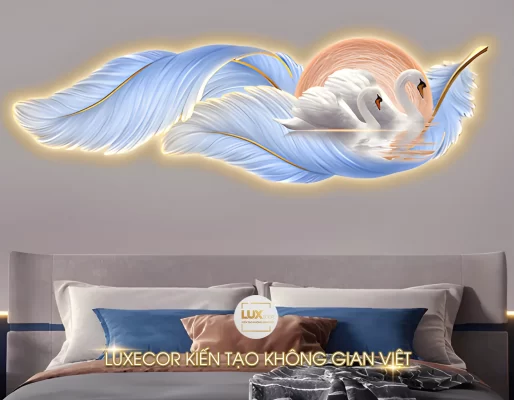 Mẫu Tranh Treo Tường Tráng Gương Gắn Điện Led Thiên Nga Mẫu Lông Vũ 