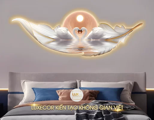 Tranh Đèn Led Tráng Gương Pha Lê Đôi Thiên Nga Nghệ Thuật