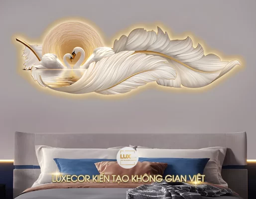 Tranh Tráng Gương Decor Đèn Led Lông Vũ Đôi Thiên Nga Uyên Ương Trang Trí Phòng Khách Phòng Ngủ Làm Quà Tặng