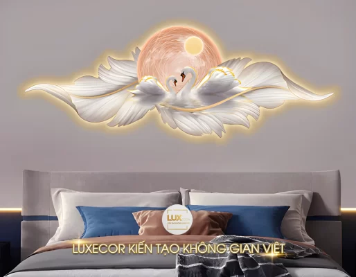 Tranh đèn led tráng gương cao cấp đôi thiên nga nghệ thuật dưới ánh trăng lãng mạn