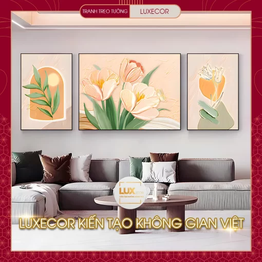 Tranh tráng gương hoa tulip bộ 3 bức ghép treo tường LUXECOR
