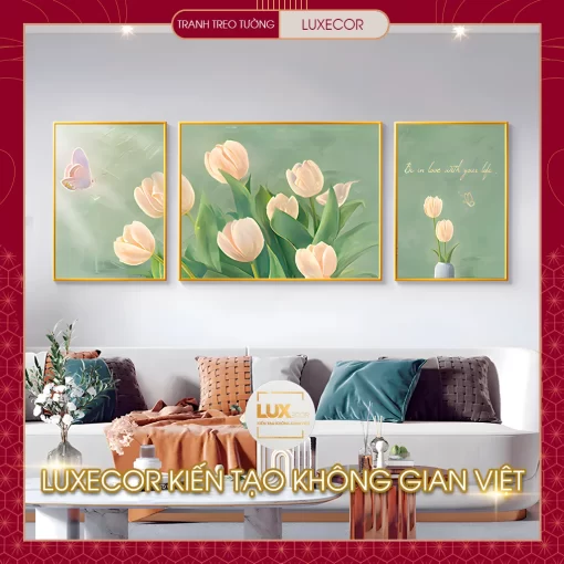 Tranh tráng gương treo tường hoa tulip bộ 3 bức ghép trang trí phòng khách LUXECOR