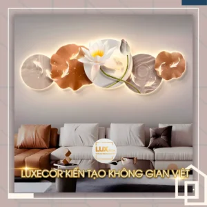 Tranh tráng gương đèn led hoa sen Cửu Ngư trang trí nội thất sang trọng Luxecor