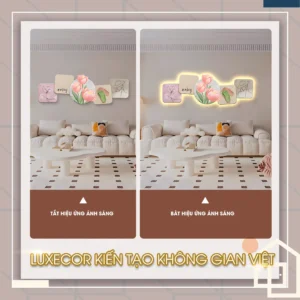 So sánh tranh tráng gương đèn led Luxecor khi tắt và bật hiệu ứng ánh sáng trong phòng khách