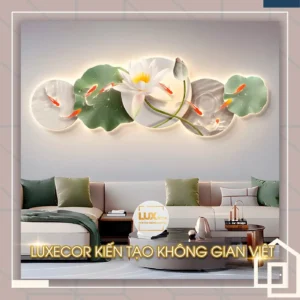 Tranh tráng gương đèn led Cửu Ngư hoa sen phong thủy treo phòng khách sang trọng Luxecor