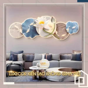 Tranh tráng gương đèn led hoa sen xanh Cửu Ngư phong thủy sang trọng của Luxecor