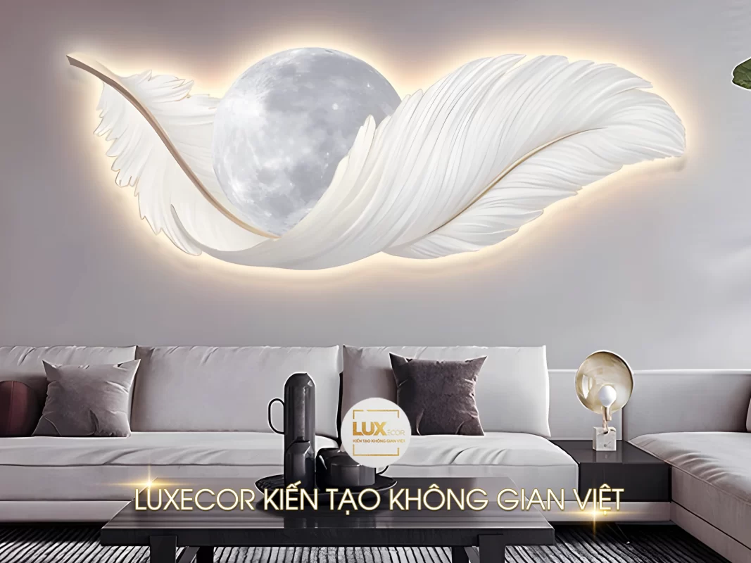 Tranh tráng gương đèn led lông vũ ôm mặt trăng xám nghệ thuật LUXECOR