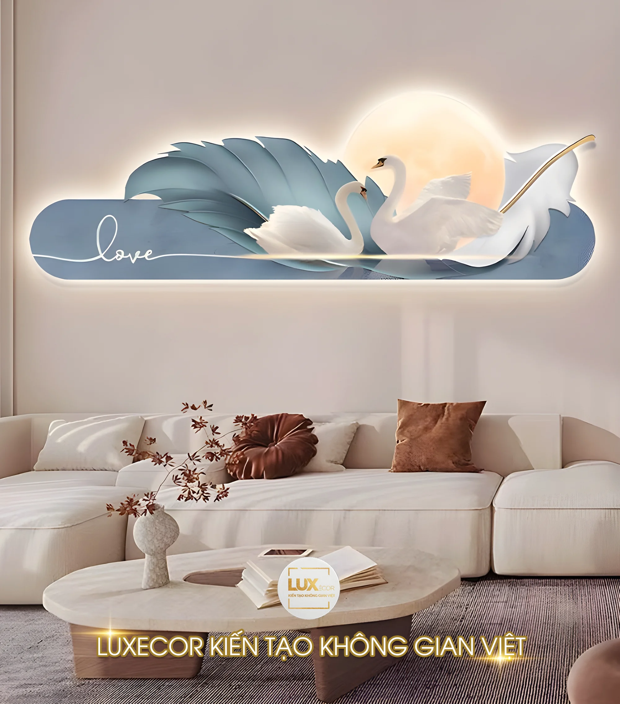 tranh đèn led tráng gương treo tường cặp đôi thiên nga trong trăng