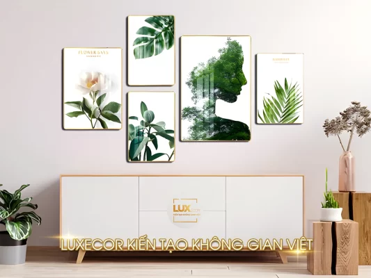 Tranh tráng gương cô gái trừu tượng và lá xanh bộ 6 bức ghép đẹp sang chảnh