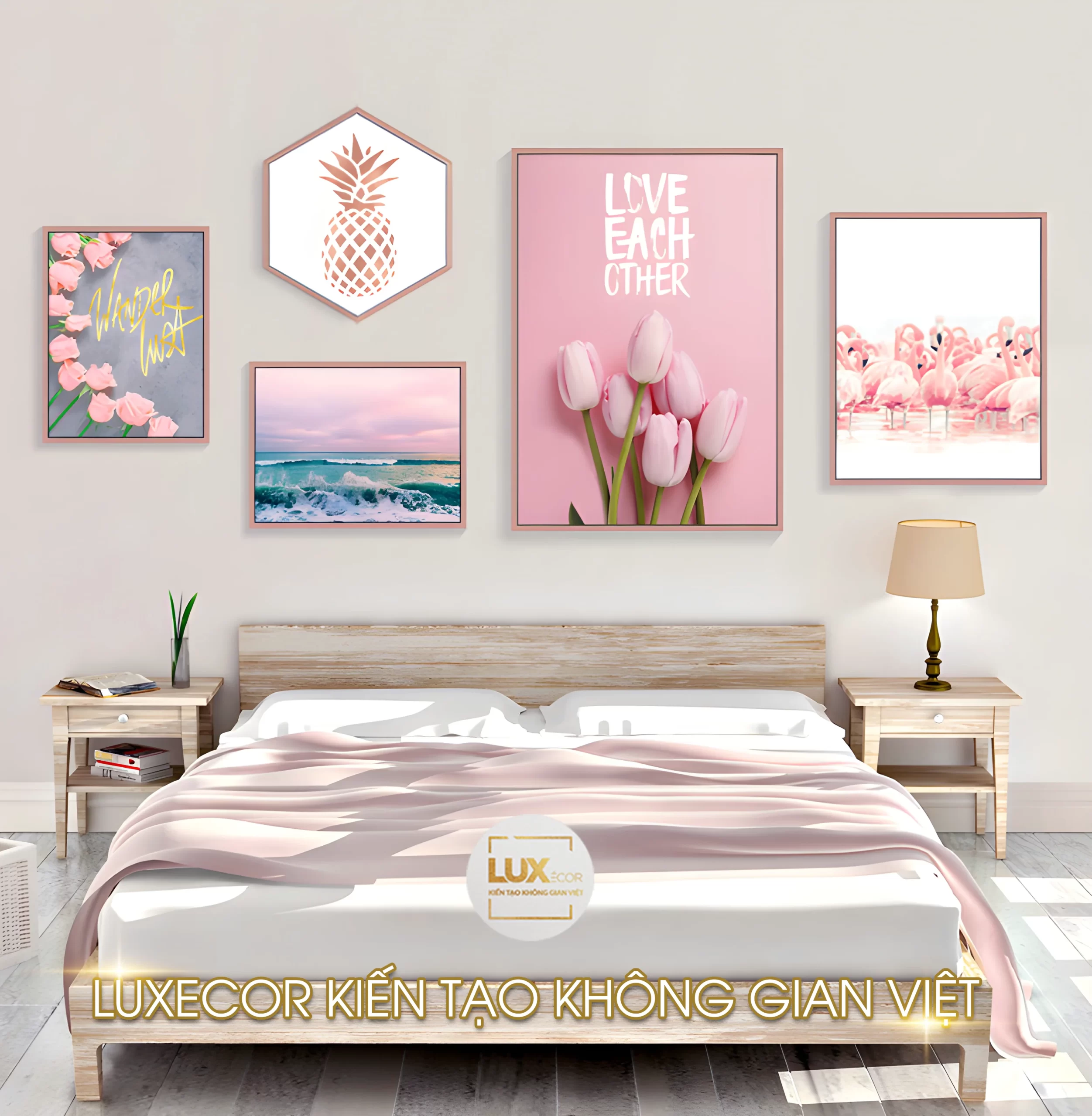 Tranh tráng gương treo tường hoa tulip và hồng hạc 