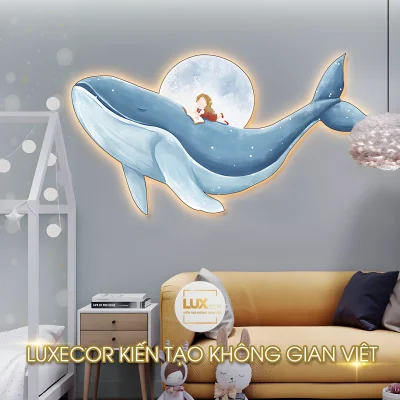 Tranh đèn led tráng gương cô gái cưỡi cá voi Luxecor