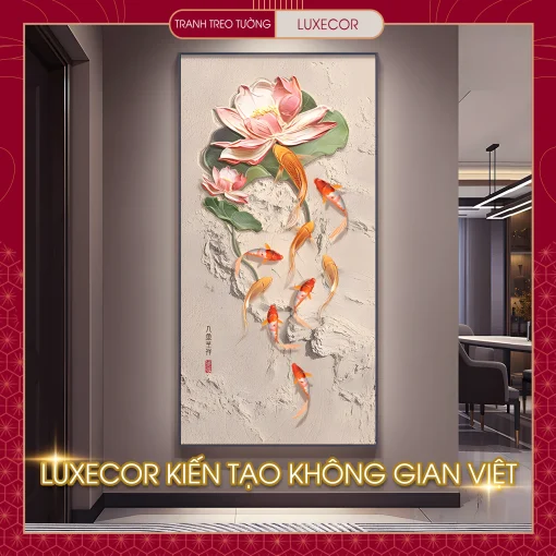 Tranh tráng gương đứng hoa sen cửu ngư quần tụ