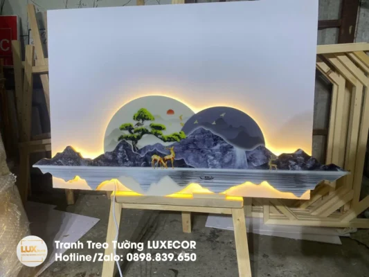 Tranh đèn led mẫu hưu nai phong thuỷ núi non