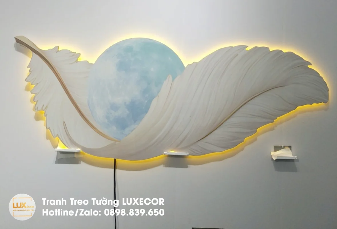 Tranh led tráng gương lông vũ và mặt trăng