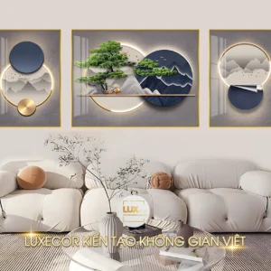 Bộ 3 tranh tráng gương khung cảnh núi non hùng vĩ hươu nai tài lộc treo tường luxecor
