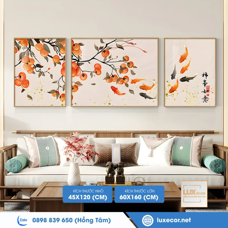 Kích thước tranh treo tường bộ 3 bức cành hồng trĩu quả