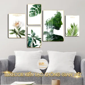 Tranh bộ 6 bức ghép cô gái và lá xanh treo tường LUXECOR