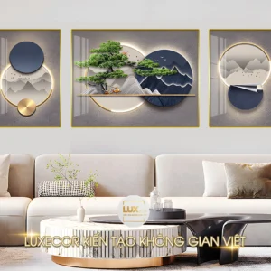 Tranh tráng gương Hươu Nai Trăng Núi Nước Non Phong Thủy treo tường luxecor