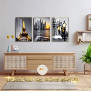 Tranh tráng gương bộ 3 bức tháp Eiffel treo tường chuẩn đẹp LUXECOR
