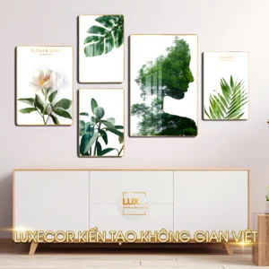 Tranh tráng gương cô gái trừu tượng và lá xanh bộ 6 bức ghép đẹp sang chảnh