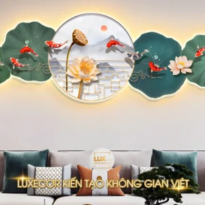 Tranh tráng gương đèn led cửu ngư quần hội hoa sen là sự kết hợp hoàn hảo giữa nghệ thuật và phong thủy