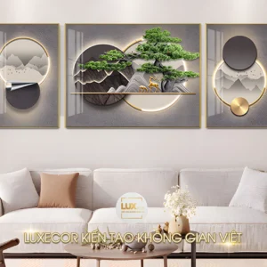 Tranh tráng gương phòng khách đẹp mẫu hươu nai phong cảnh núi non hiện đại