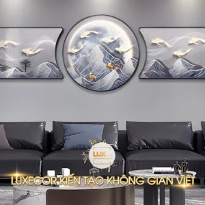 Tranh tráng gương treo phòng khách bộ ba tấm hiện đại cửu ngư quần hội