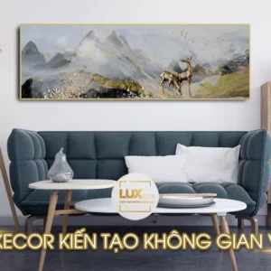 Tranh trang trí phong thủy treo tường đôi hươu bên đồi núi tráng gương LUXECOR