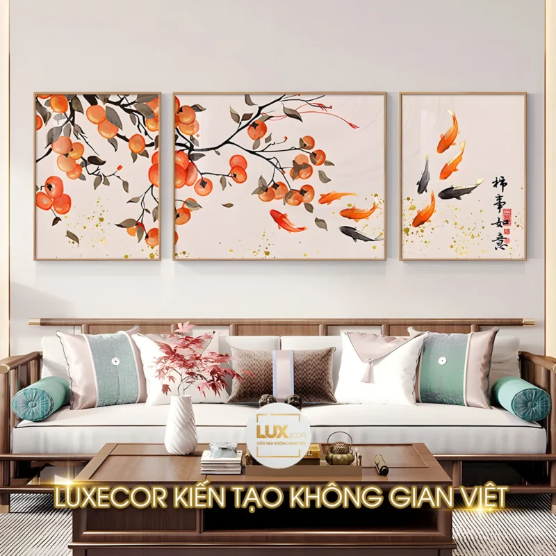 Tranh treo tường cành hồng trĩu quả bộ 3 bức ghép trang trí phòng khách