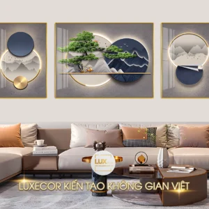 Tranh treo tường phòng khách hiện đại hươu nai cảnh núi non chất liệu tráng gương mica