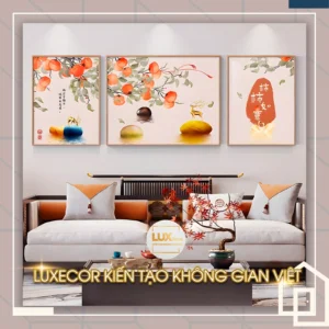 Bộ 3 tranh treo tường cành hồng trĩu quả kèm hươu vàng và đá phong thủy