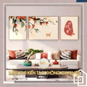 Bộ tranh treo tường cành hồng trĩu quả trang trí trên sofa phòng khách