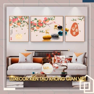 Tranh treo tường cành hồng trĩu quả kết hợp hươu vàng và thiên nga phong thủy