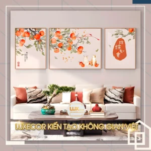 Tranh treo tường cành hồng trĩu quả kèm 2 chú mèo dễ thương