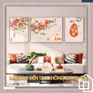 Tranh treo tường cành hồng trĩu quả bộ 3 bức phòng khách