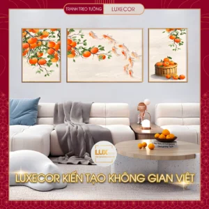 Tranh treo tường cành hồng trĩu quả bộ 3 bức ghép, phong thủy sung túc, treo phòng khách hiện đại – Luxecor