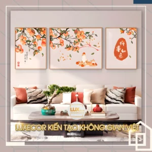 Tranh treo tường cành hồng trĩu quả bộ 3 bức treo phòng khách hiện đại