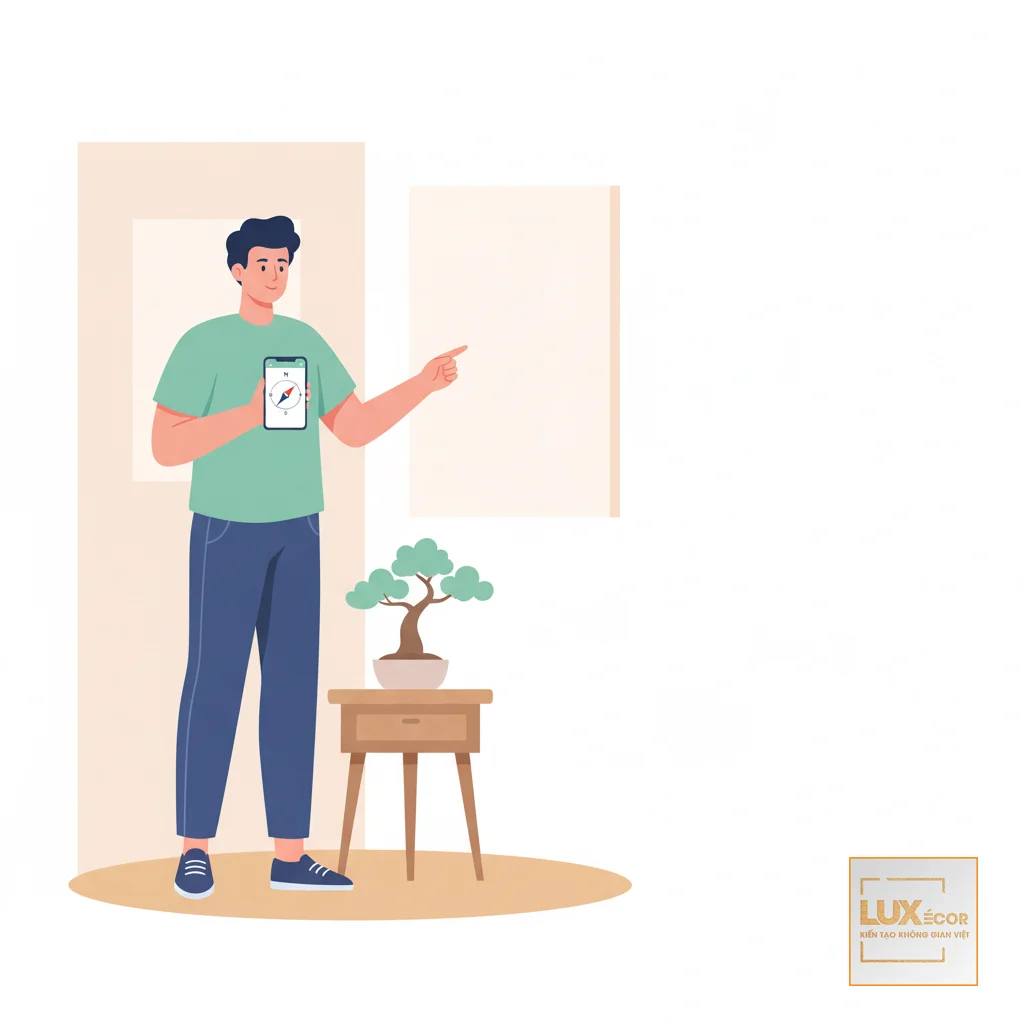 Người dùng điện thoại xác định hướng nhà bằng la bàn.