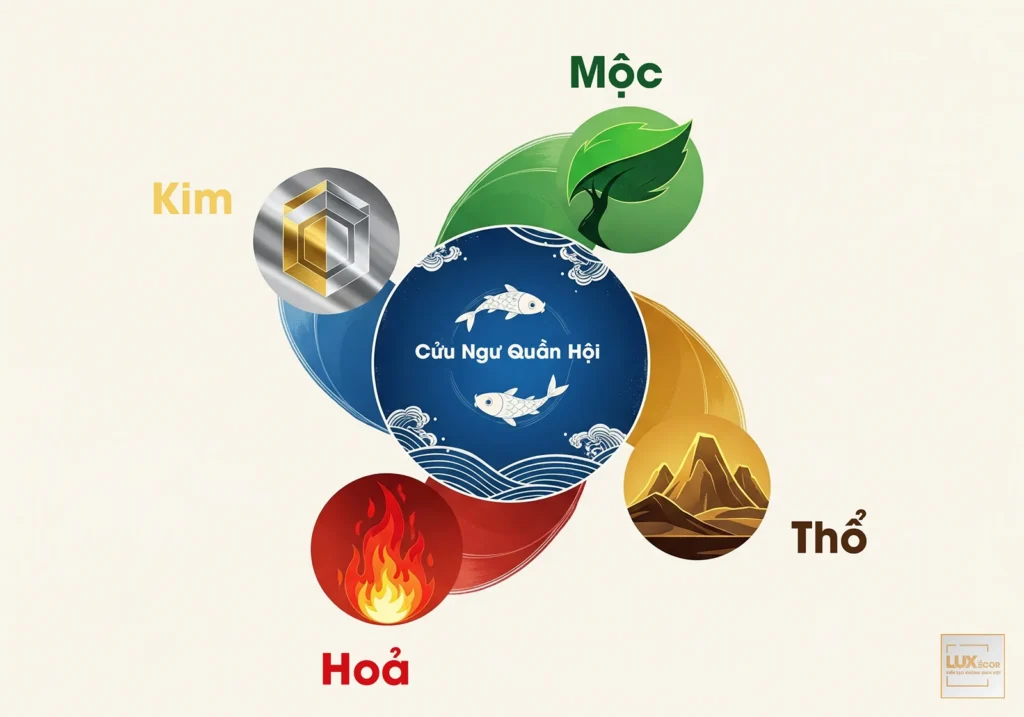 Biểu đồ ngũ hành tương hợp với tranh Cửu Ngư Quần Hội.