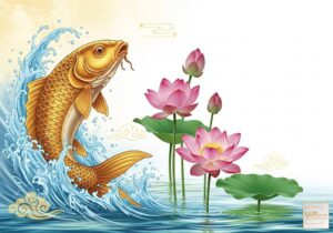 Biểu tượng cá chép vượt vũ môn và hoa sen thuần khiết.