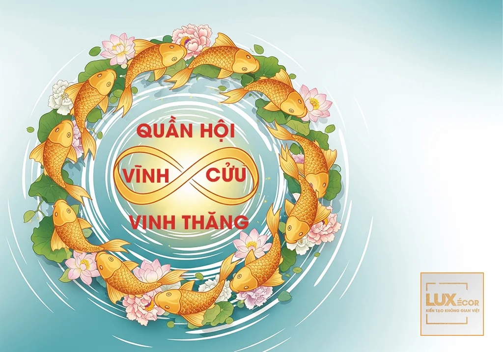 Tranh Cửu Ngư Quần Hội với 9 cá chép, hoa sen, hoa mẫu đơn tượng trưng may mắn.