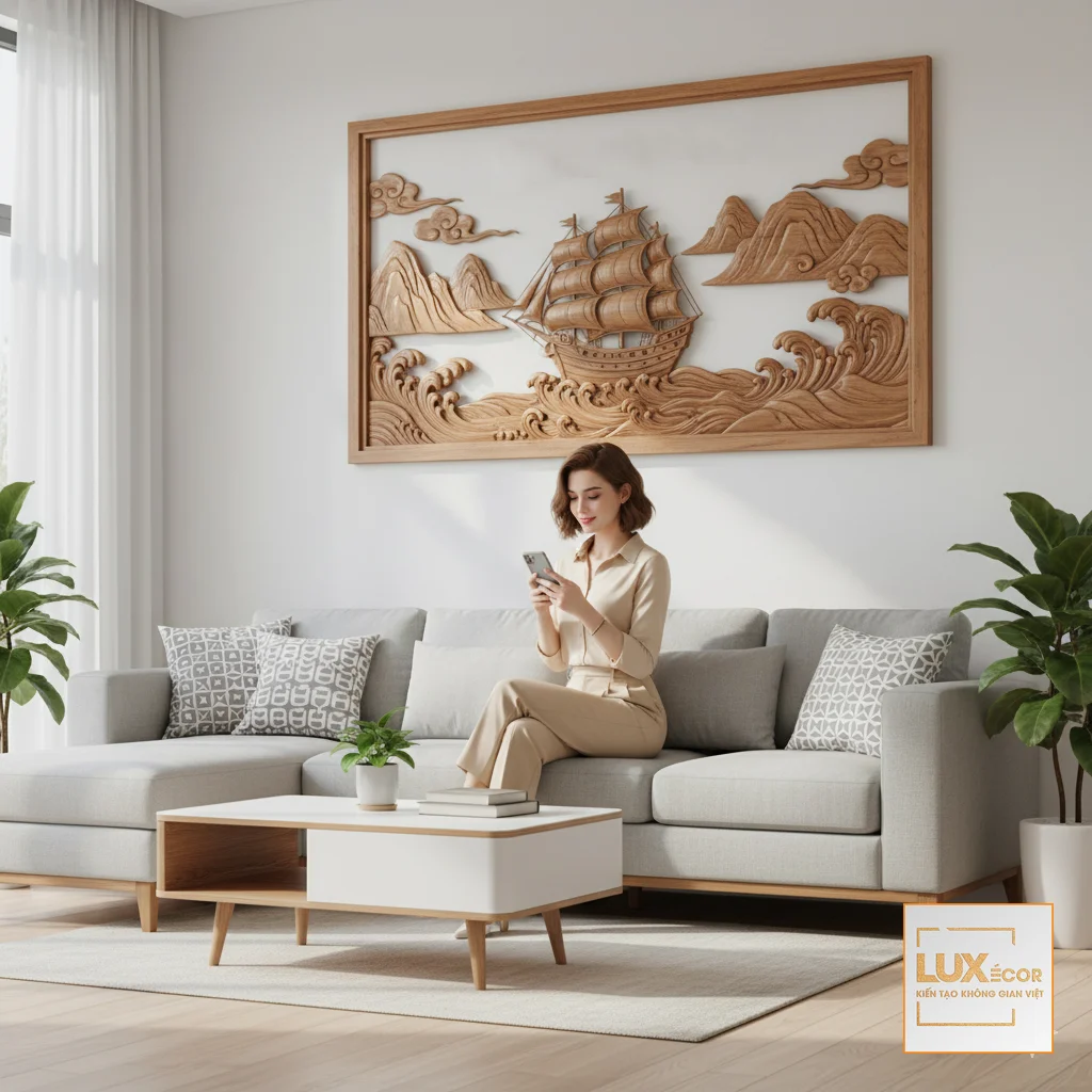 Người phụ nữ dùng ứng dụng AR trên điện thoại để ướm thử tranh gỗ trên tường.