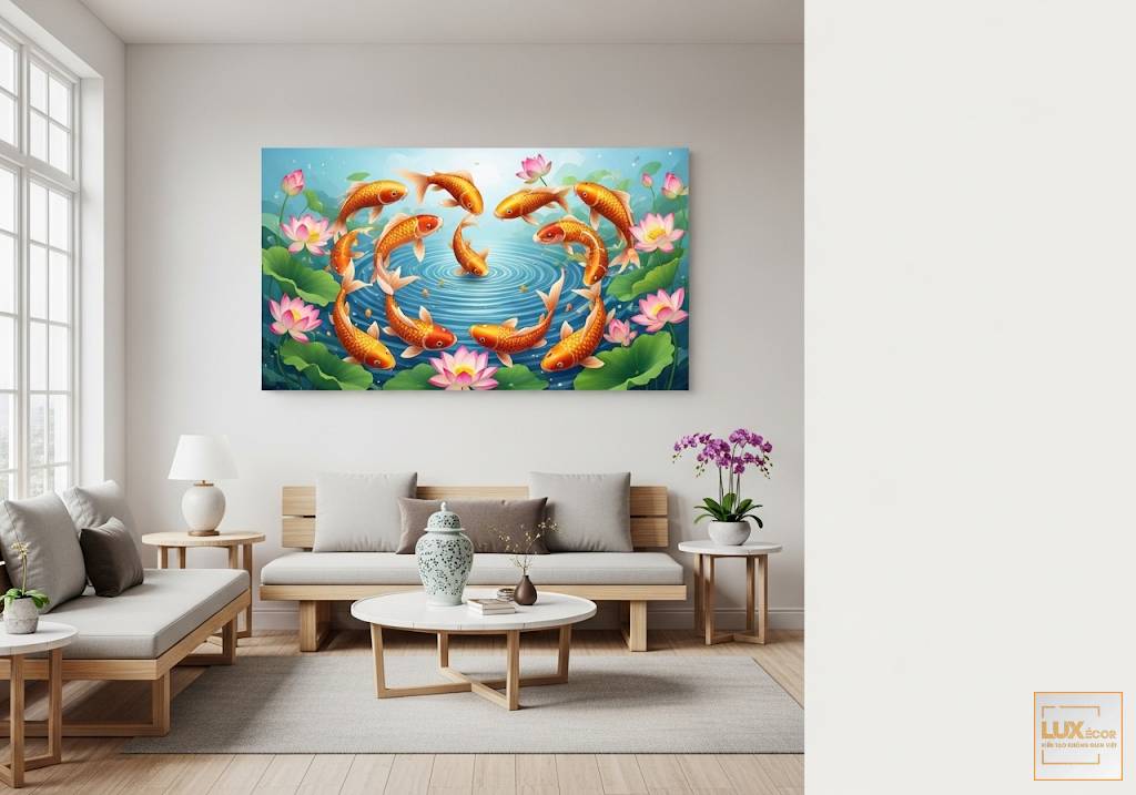 Vị trí treo tranh Cửu Ngư Quần Hội trong phòng khách.