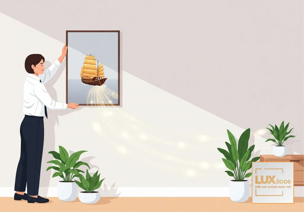 "Người treo tranh thuận buồm xuôi gió đúng hướng trong phòng khách