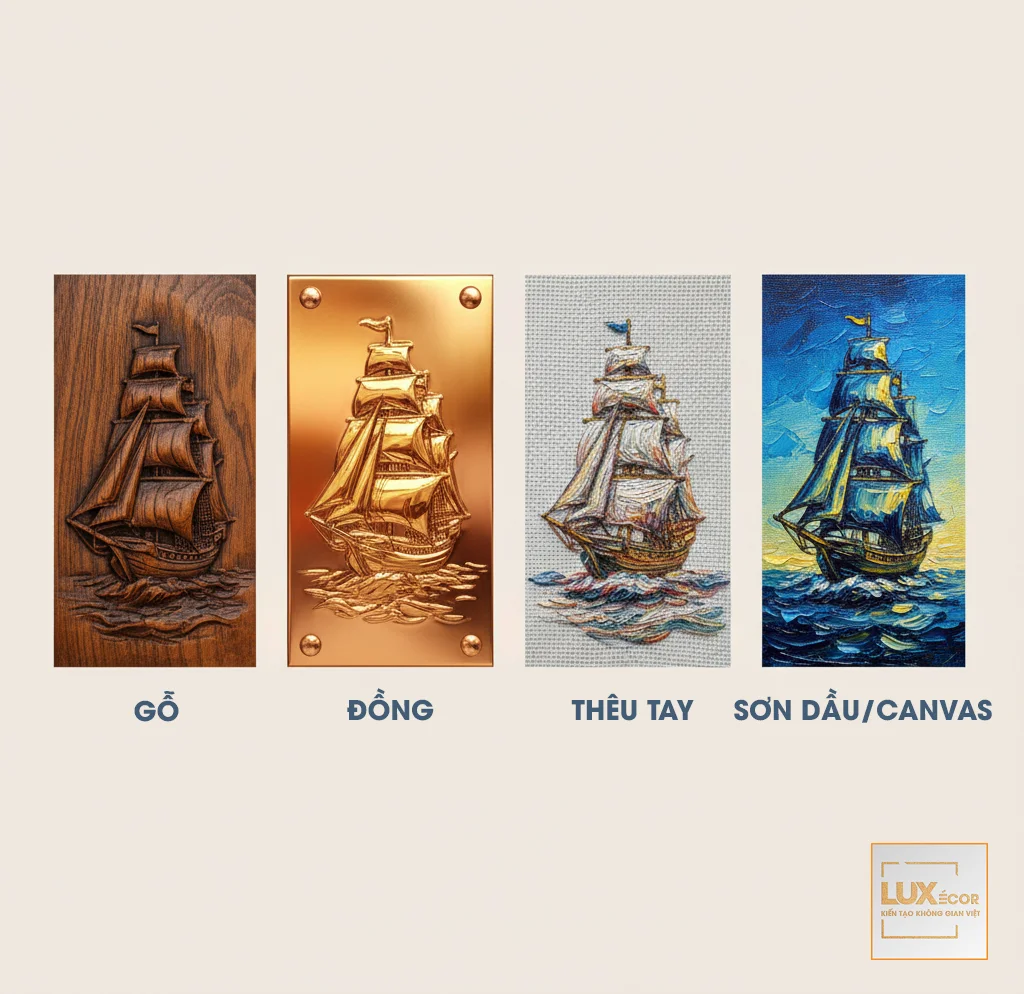 So sánh tranh thuận buồm xuôi gió chất liệu gỗ, đồng, thêu, sơn dầu