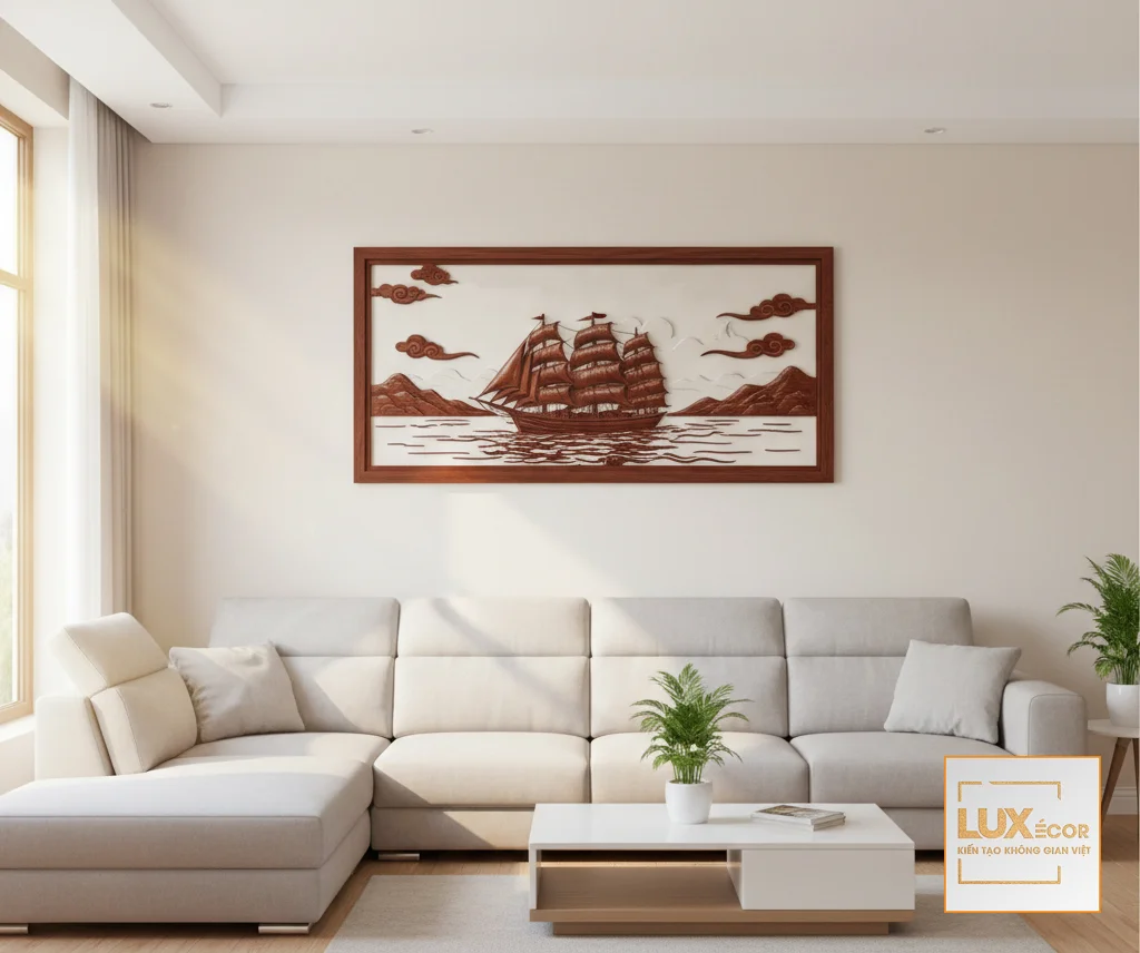 Tranh gỗ Thuận Buồm Xuôi Gió kích thước cân đối trên tường phòng khách hiện đại.