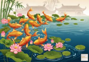 Tranh cửu ngư quần hội với chín cá chép vàng và hoa sen