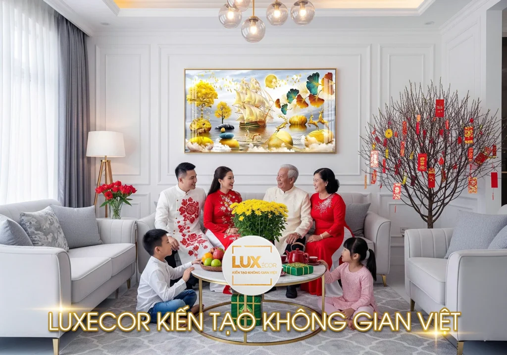 Tranh tráng gương thuận buồm xuôi gió hiện đại, thuyền buồm lướt trên mặt nước phản chiếu.